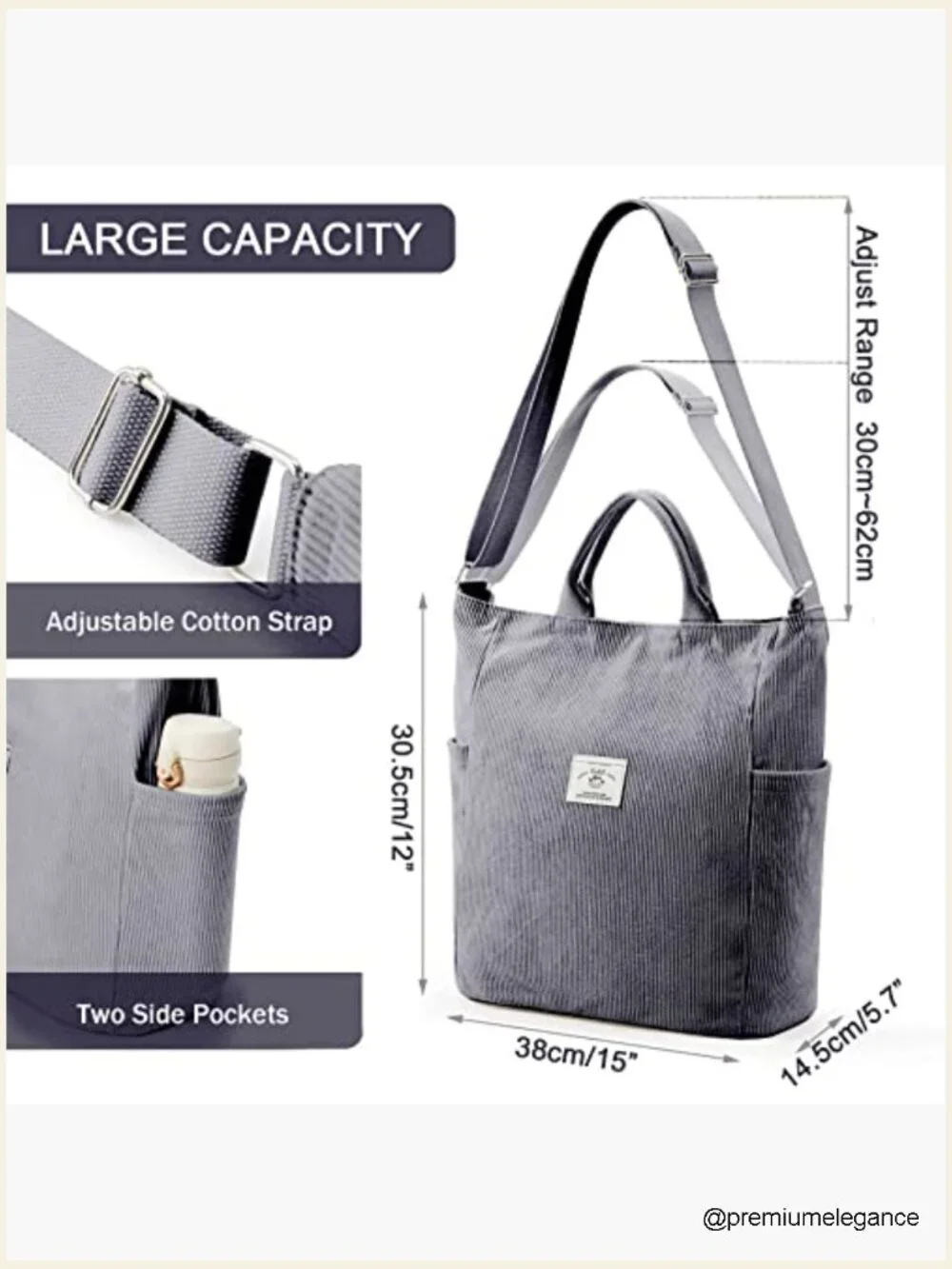 Corduroy Tote Bag Large Messenger Shoulder Hobo Crossbody Zipper Work Shopping